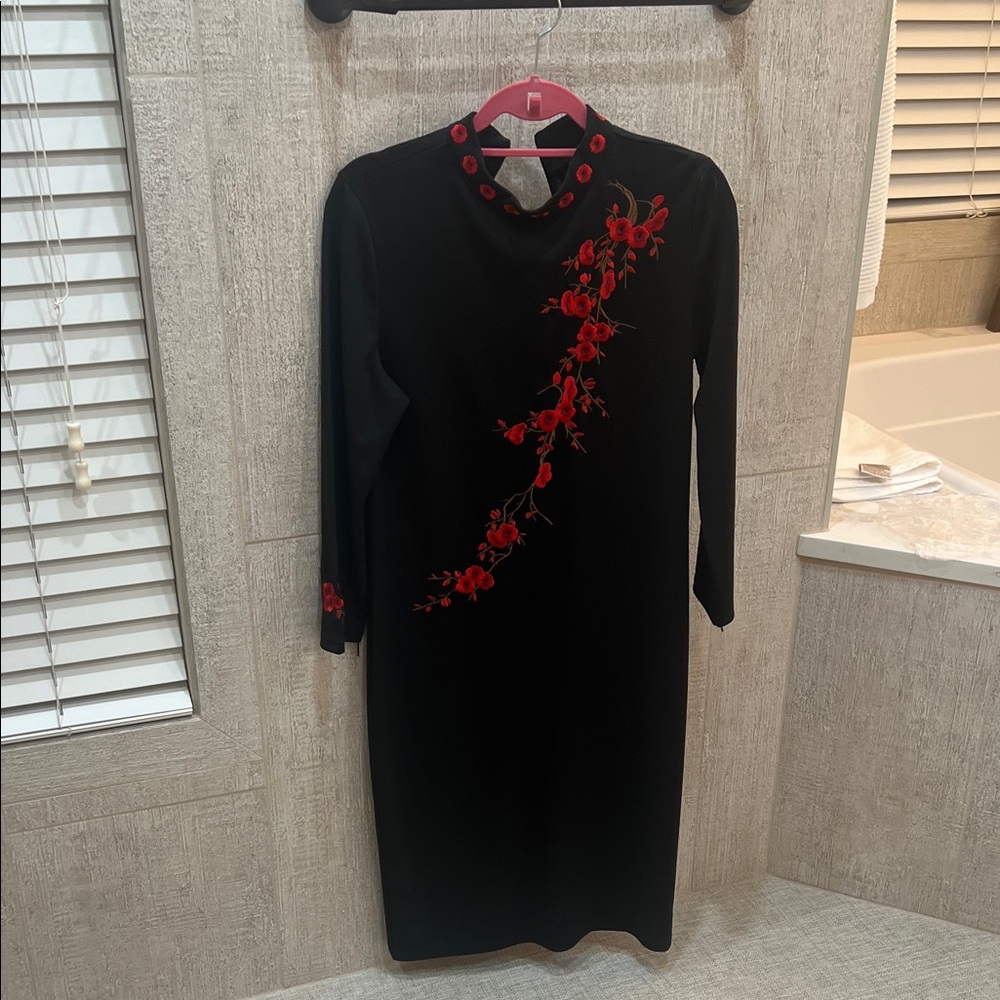 Chic Black Dress with Red Floral Accents